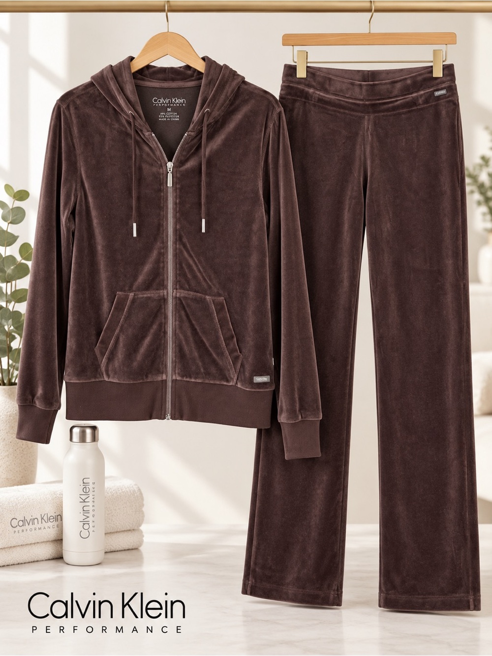 Calvin Klein Performance Brown Velour 2 Piece Hoodie Pants Set Women’s M